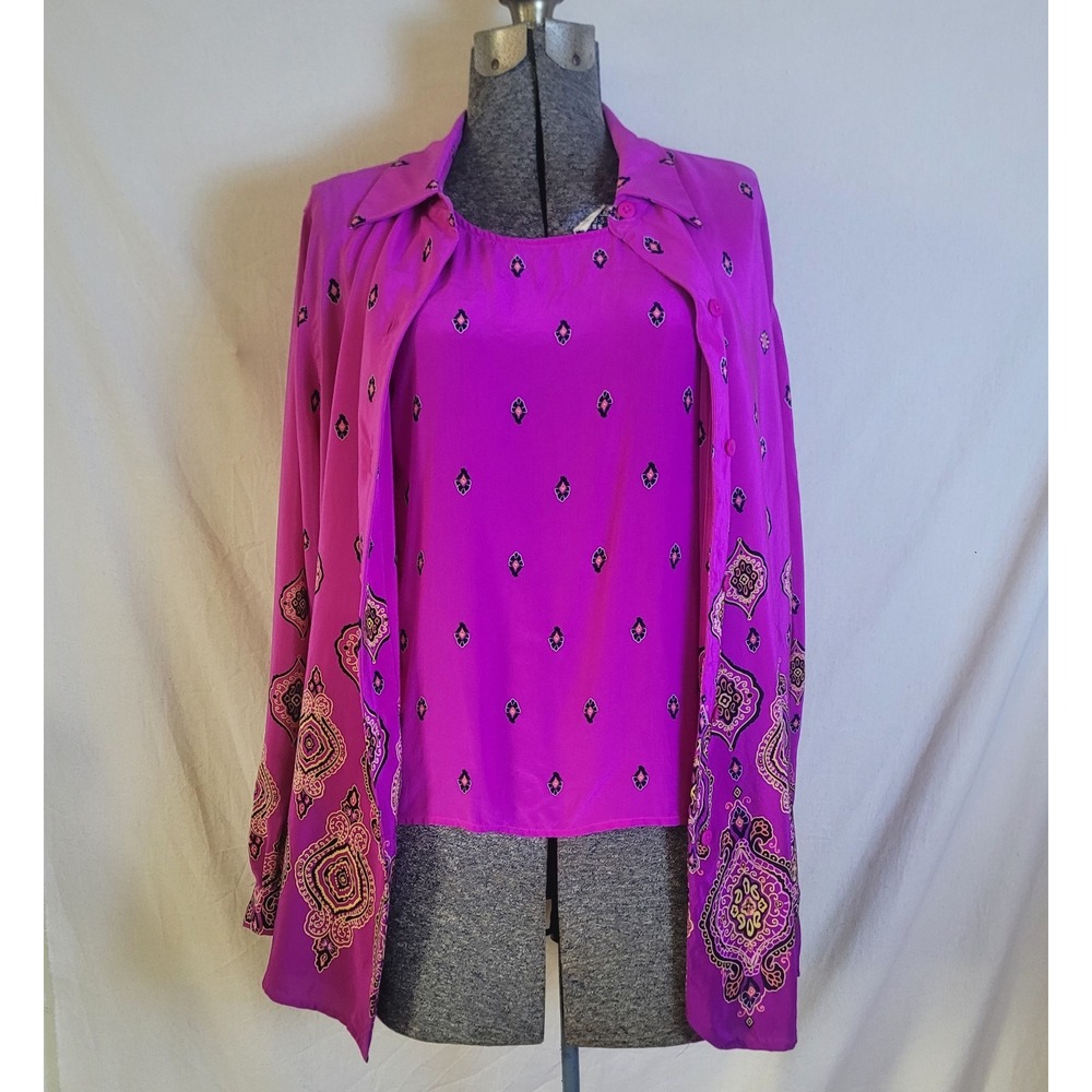 Vintage 80s Silk Lore Magenta Tank Top And Button Up Set Blouse Paisley Boho‎ M